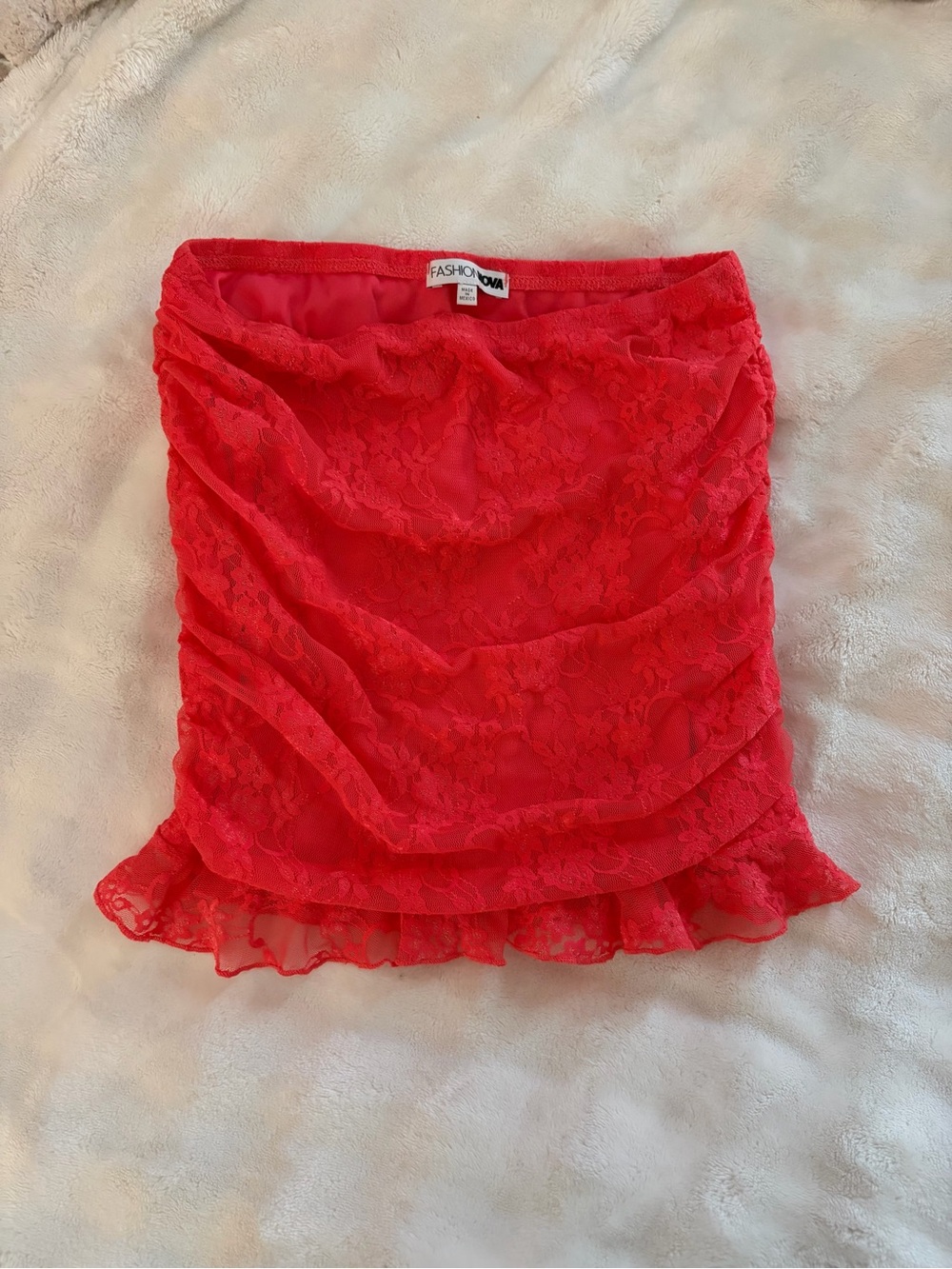 Fashion Nova Coral Pink Lace Ruched Mini Skirt (Size S)